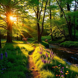A serene landscape of a lush green forest during the golden hour, with sunlight filtering through the leaves, casting dappled shadows on the ground