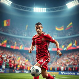 A dynamic portrait of Cristiano Ronaldo in an intense football match moment, showcasing him skillfully dribbling the ball down the field