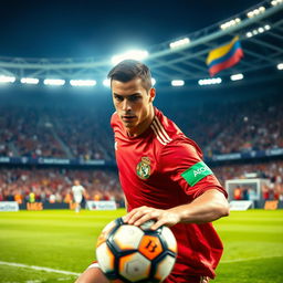 A dynamic portrait of Cristiano Ronaldo in an intense football match moment, showcasing him skillfully dribbling the ball down the field