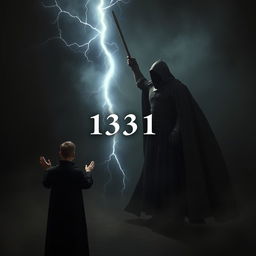 A mysterious scene featuring a knight cloaked in a flowing cloak and a black dress, his face obscured in shadow