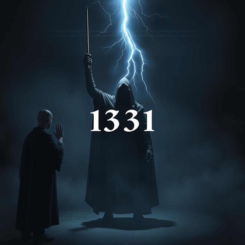 A mysterious scene featuring a knight cloaked in a flowing cloak and a black dress, his face obscured in shadow