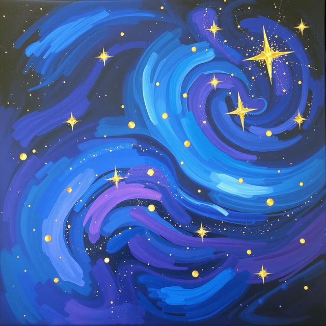 An abstract painting of a starry night sky, featuring swirling colors of deep blue, violet, and hints of gold to represent twinkling stars