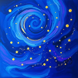 An abstract painting of a starry night sky, featuring swirling colors of deep blue, violet, and hints of gold to represent twinkling stars