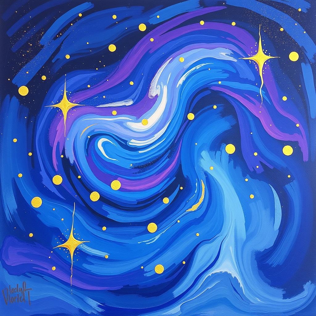 An abstract painting of a starry night sky, featuring swirling colors of deep blue, violet, and hints of gold to represent twinkling stars
