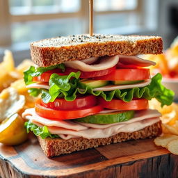 A delicious and vibrant sandwich, stacked high with fresh ingredients