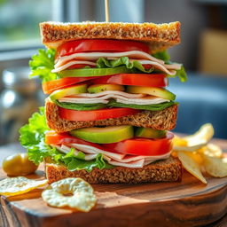 A delicious and vibrant sandwich, stacked high with fresh ingredients