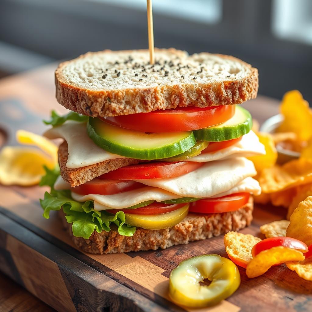 A delicious and vibrant sandwich, stacked high with fresh ingredients