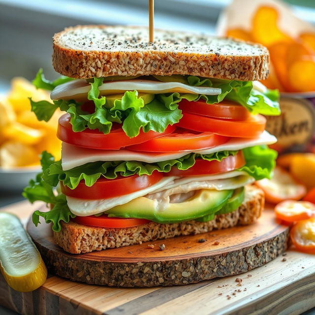 A delicious and vibrant sandwich, stacked high with fresh ingredients