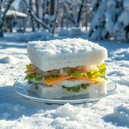 A whimsical and surreal interpretation of a sandwich made entirely of snow