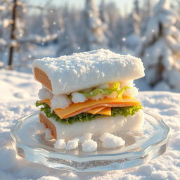 A whimsical and surreal interpretation of a sandwich made entirely of snow