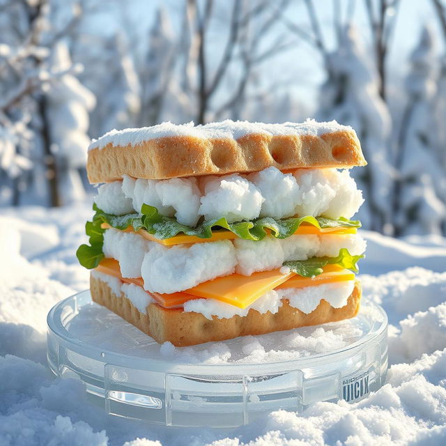 A whimsical and surreal interpretation of a sandwich made entirely of snow