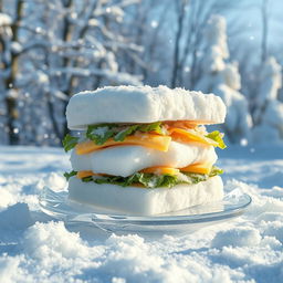 A whimsical and surreal interpretation of a sandwich made entirely of snow