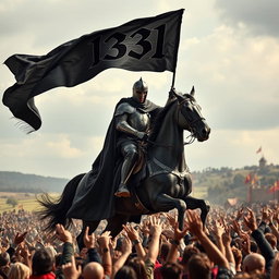 A powerful knight dressed in a flowing black robe, majestically riding a strong, noble horse