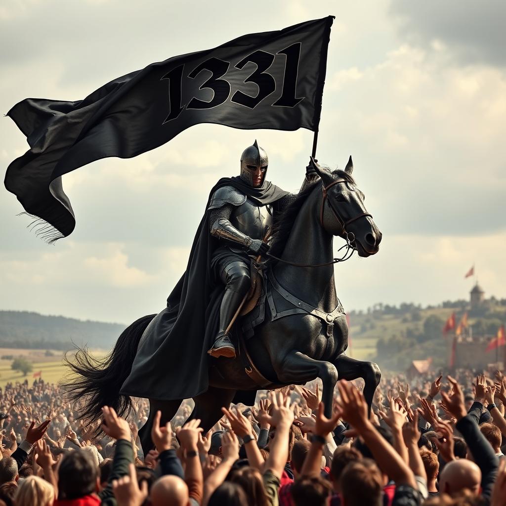 A powerful knight dressed in a flowing black robe, majestically riding a strong, noble horse