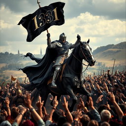 A powerful knight dressed in a flowing black robe, majestically riding a strong, noble horse