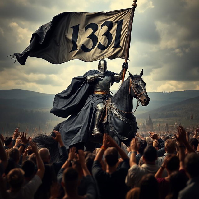 A powerful knight dressed in a flowing black robe, majestically riding a strong, noble horse