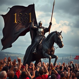 A powerful knight dressed in a flowing black robe, majestically riding a strong, noble horse