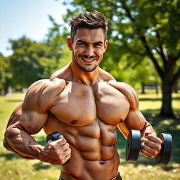 A muscular man showcasing his well-defined muscles, standing confidently in a natural outdoor setting