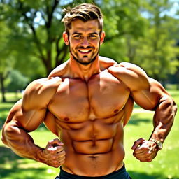A muscular man showcasing his well-defined muscles, standing confidently in a natural outdoor setting