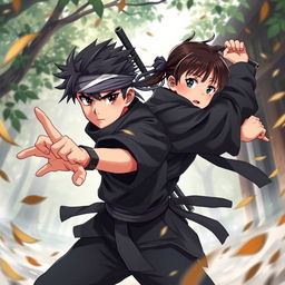 A dynamic anime-style illustration of a 20-year-old ninja boy and girl, showcasing their agility and stealth in a vibrant, action-packed scene