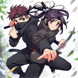 A dynamic anime-style illustration of a 20-year-old ninja boy and girl, showcasing their agility and stealth in a vibrant, action-packed scene