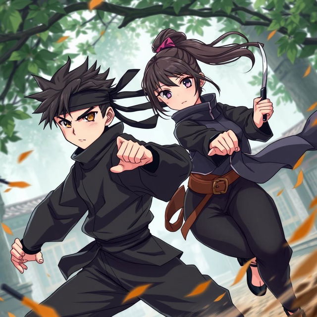 A dynamic anime-style illustration of a 20-year-old ninja boy and girl, showcasing their agility and stealth in a vibrant, action-packed scene