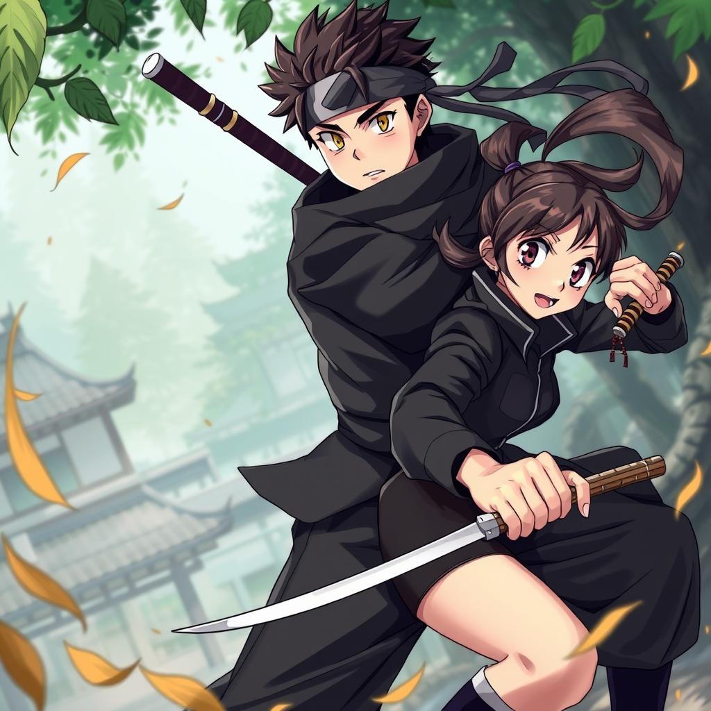 A dynamic anime-style illustration of a 20-year-old ninja boy and girl, showcasing their agility and stealth in a vibrant, action-packed scene