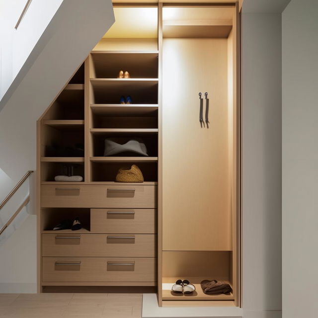 A creatively designed and space-efficient wardrobe built into a nook under a staircase, featuring well-organized compartments, hangers and drawers with aesthetically pleasing interior design.