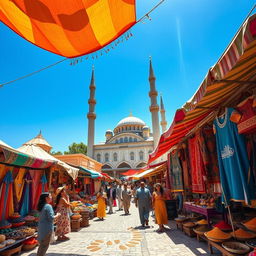 A whimsical scene featuring a vibrant marketplace in a Middle Eastern town, with colorful fabric stalls and exotic spices displayed