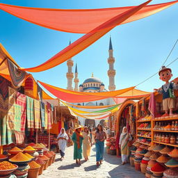 A whimsical scene featuring a vibrant marketplace in a Middle Eastern town, with colorful fabric stalls and exotic spices displayed