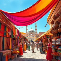 A whimsical scene featuring a vibrant marketplace in a Middle Eastern town, with colorful fabric stalls and exotic spices displayed