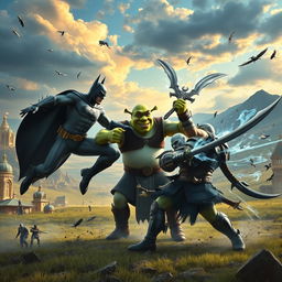 An epic battle scene featuring Batman, Shrek, and Kratos clashing in a fantastical battlefield resembling Asgard