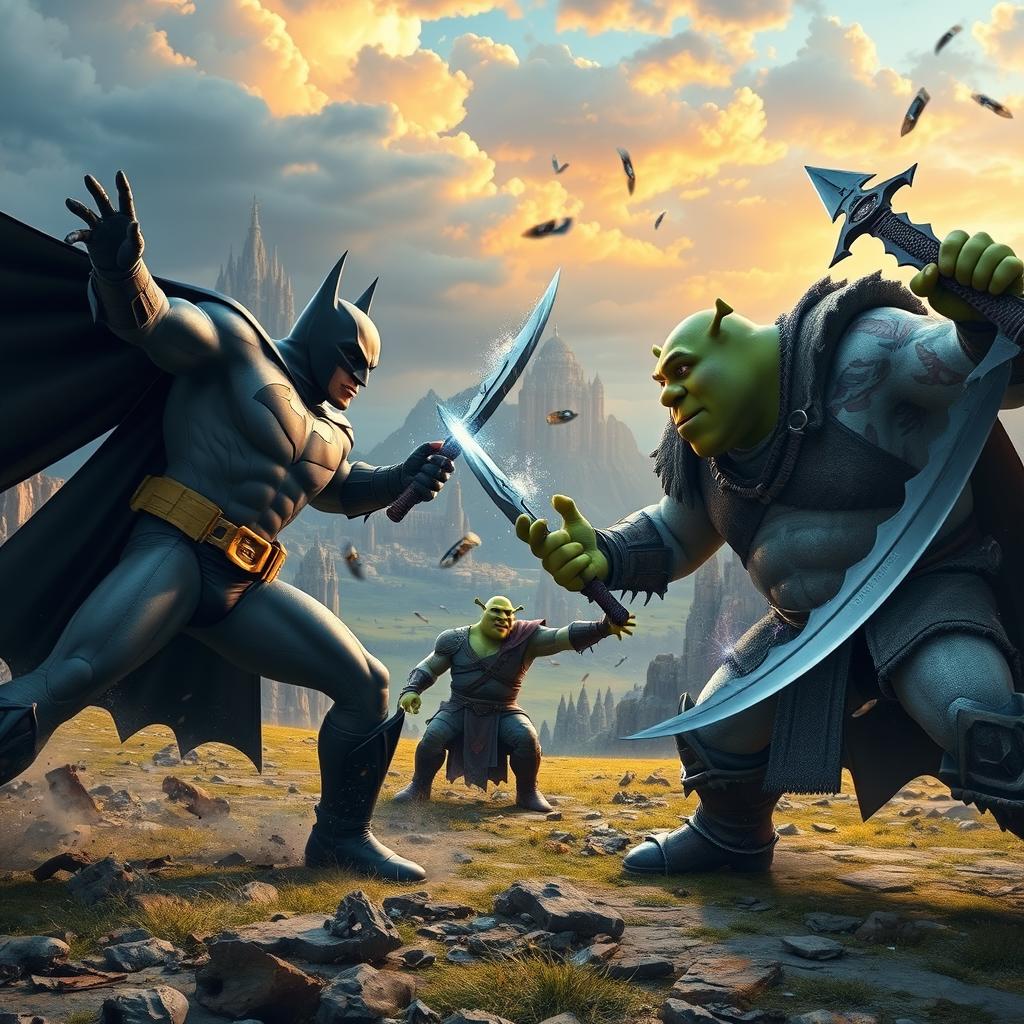 An epic battle scene featuring Batman, Shrek, and Kratos clashing in a fantastical battlefield resembling Asgard