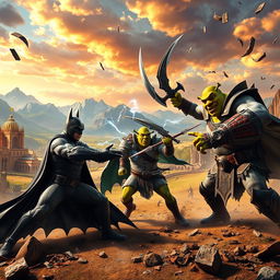 An epic battle scene featuring Batman, Shrek, and Kratos clashing in a fantastical battlefield resembling Asgard