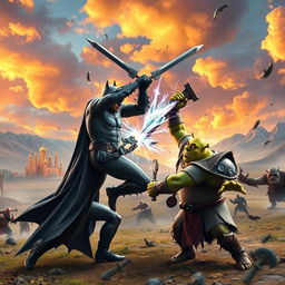 An epic battle scene featuring Batman, Shrek, and Kratos clashing in a fantastical battlefield resembling Asgard