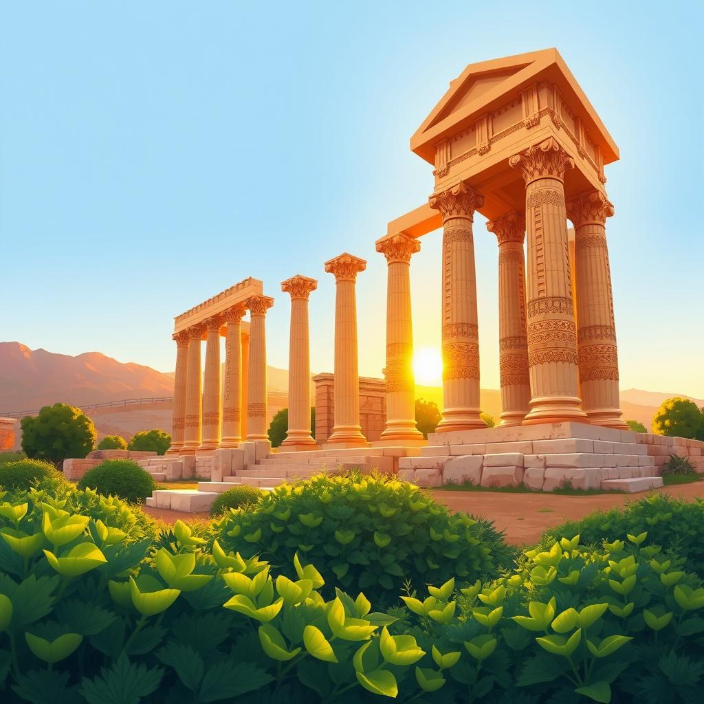 A vibrant and dynamic illustration of the Persepolis ruins, showcasing the majestic ancient columns and intricate carvings