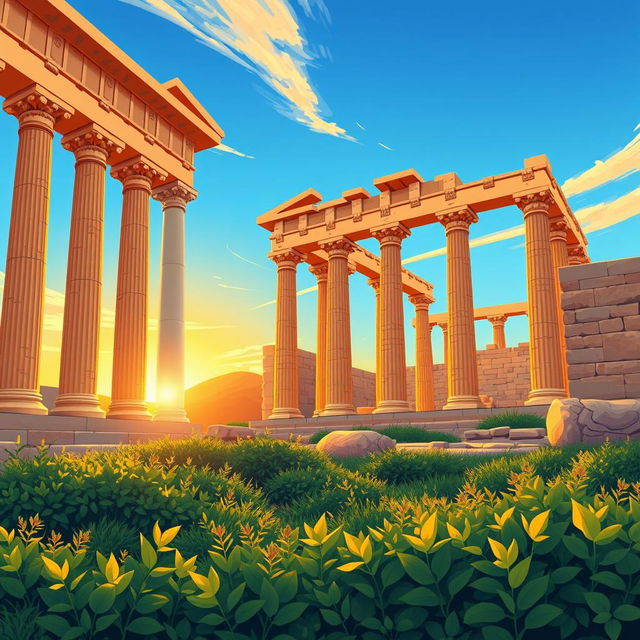 A vibrant and dynamic illustration of the Persepolis ruins, showcasing the majestic ancient columns and intricate carvings