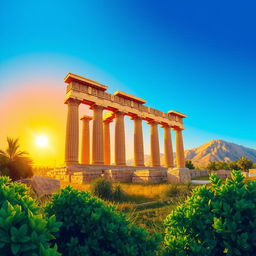 A vibrant and dynamic illustration of the Persepolis ruins, showcasing the majestic ancient columns and intricate carvings