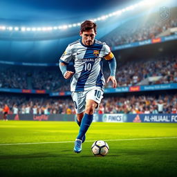 An artistic representation of Lionel Messi wearing the Al-Hilal FC uniform, showcasing him in action on the soccer field