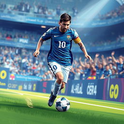 An artistic representation of Lionel Messi wearing the Al-Hilal FC uniform, showcasing him in action on the soccer field