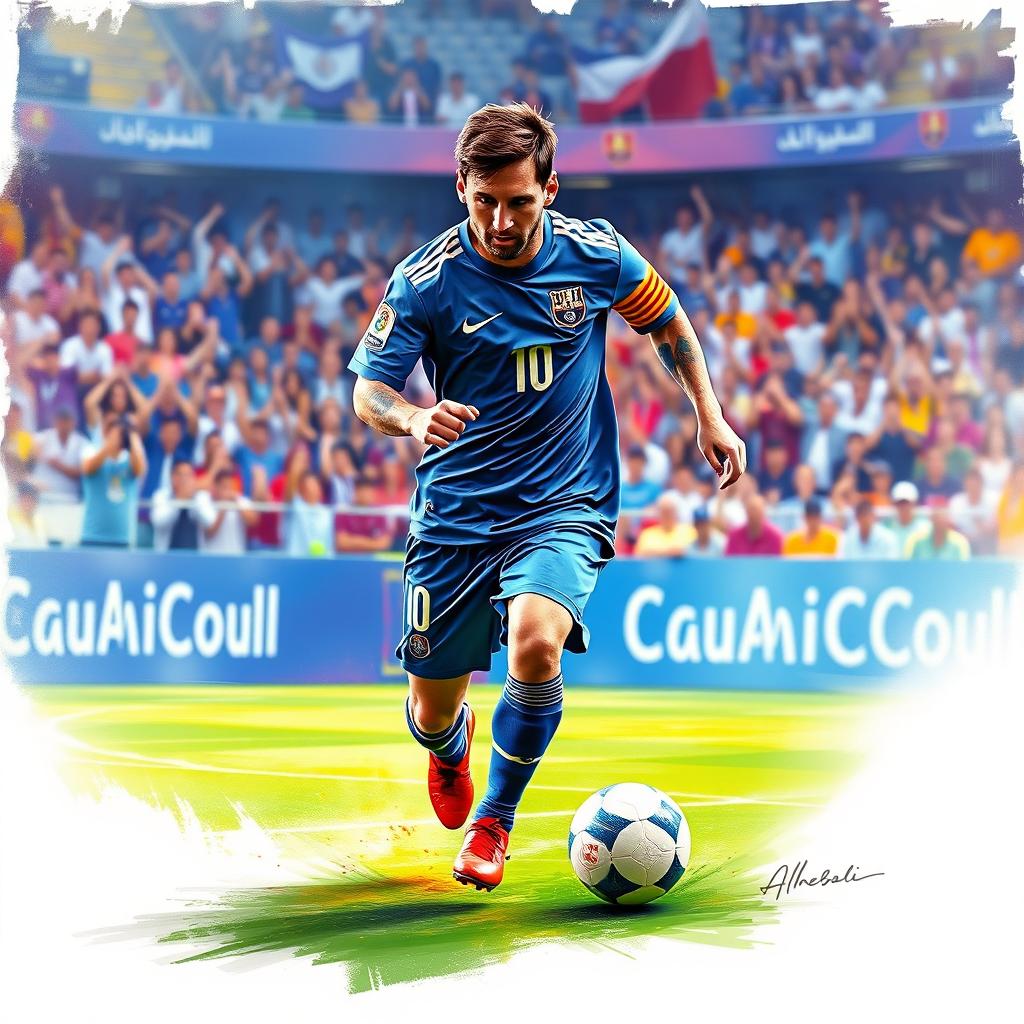 An artistic representation of Lionel Messi wearing the Al-Hilal FC uniform, showcasing him in action on the soccer field