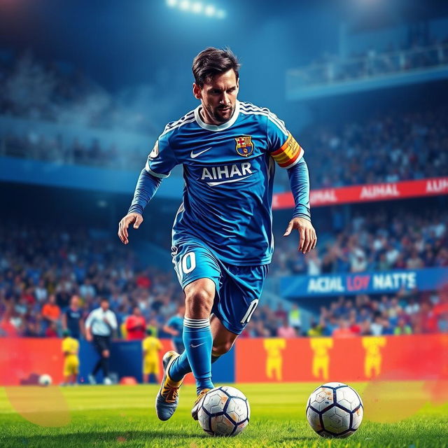 An artistic representation of Lionel Messi wearing the Al-Hilal FC uniform, showcasing him in action on the soccer field