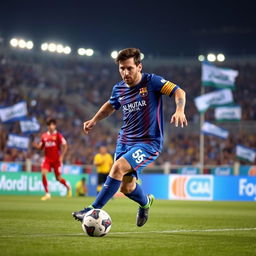 A dynamic and energetic image of Lionel Messi in a Saudi Arabian Al-Hilal football club uniform, showcasing him in action on the pitch