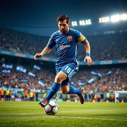 A dynamic and energetic image of Lionel Messi in a Saudi Arabian Al-Hilal football club uniform, showcasing him in action on the pitch