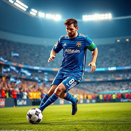 A dynamic and energetic image of Lionel Messi in a Saudi Arabian Al-Hilal football club uniform, showcasing him in action on the pitch
