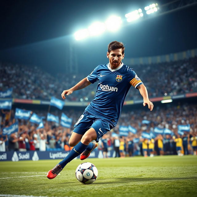 A dynamic and energetic image of Lionel Messi in a Saudi Arabian Al-Hilal football club uniform, showcasing him in action on the pitch