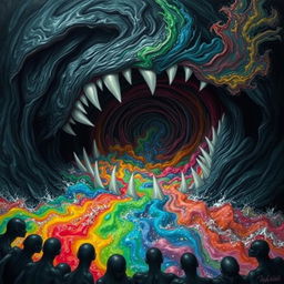 A primordial vortex depicted as a dark swirling mass, revealing sharp white teeth and an chaotic liquid encompassing all colors