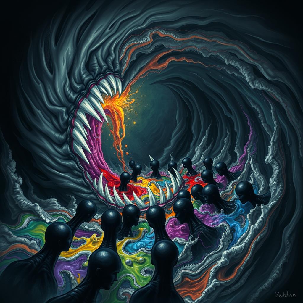 A primordial vortex depicted as a dark swirling mass, revealing sharp white teeth and an chaotic liquid encompassing all colors