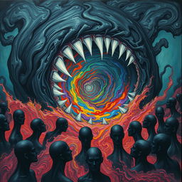 A primordial vortex depicted as a dark swirling mass, revealing sharp white teeth and an chaotic liquid encompassing all colors