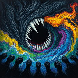 A primordial vortex depicted as a dark swirling mass, revealing sharp white teeth and an chaotic liquid encompassing all colors